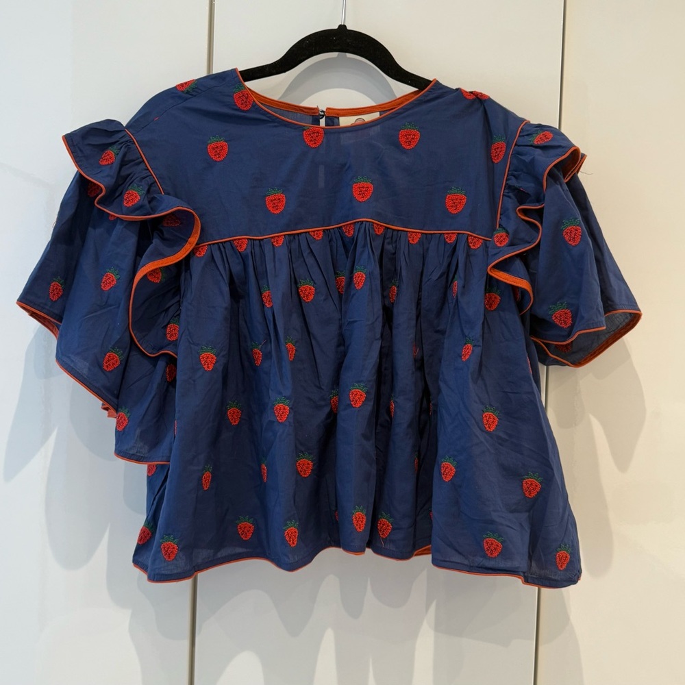 Farm Rio Blue & Red Ruffled Top with Red Strawberry Print 🍓🍓🍓